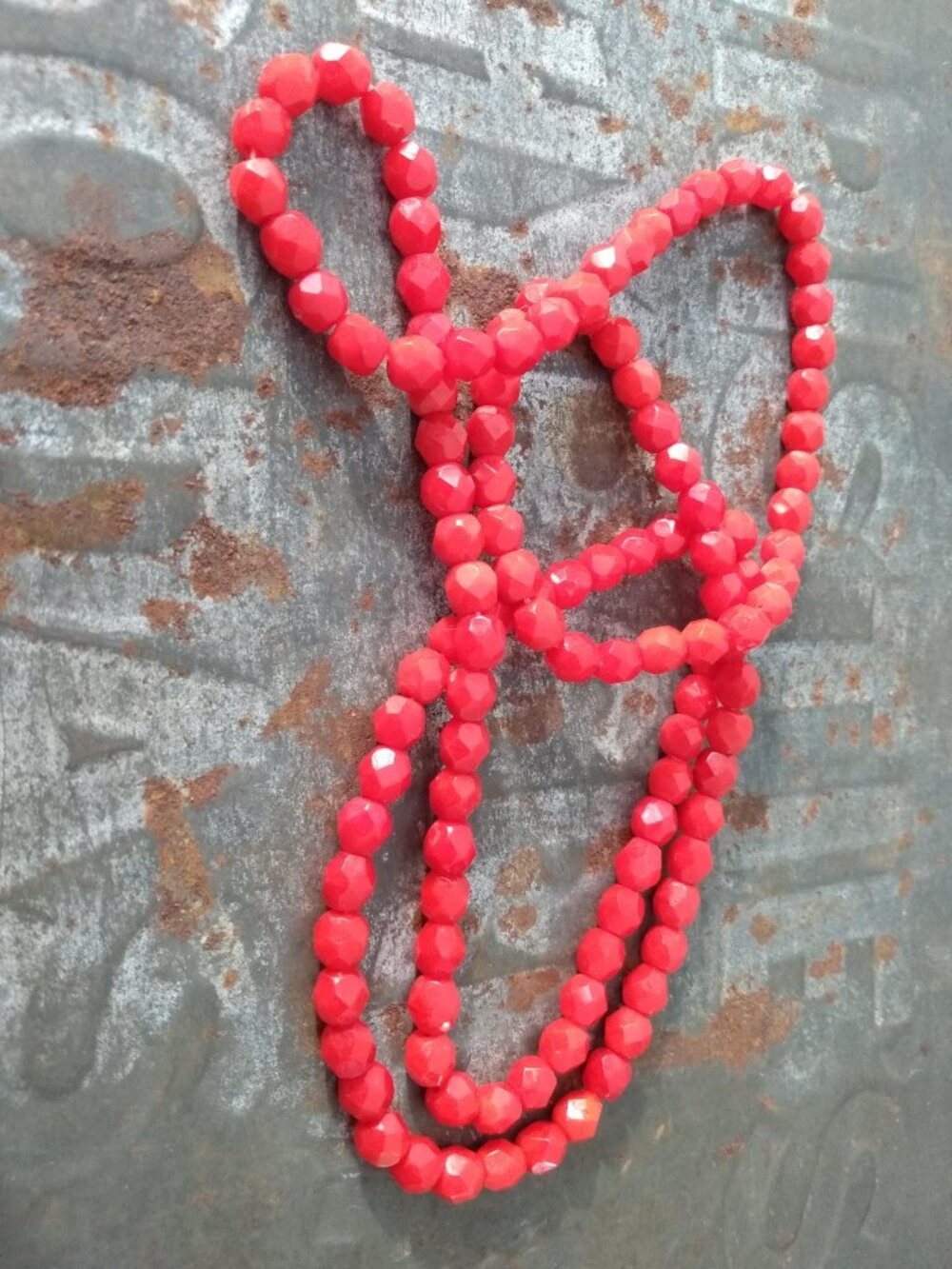 Vintage Scarlet Red Glass Necklace Molded Faceted Beads